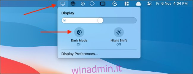 Abilita la modalità oscura dall'icona del display nella barra dei menu