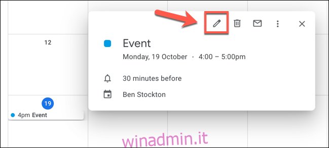Fare clic su un evento in Google Calendar, quindi fare clic su 