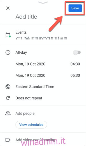 Salva un evento di Google Calendar toccando il 