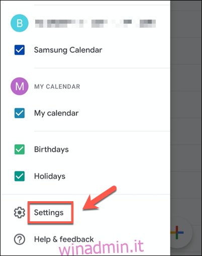 Nel menu di Google Calendar, tocca il 