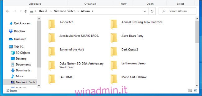Un elenco di screenshot e cartelle video di Nintendo Switch come si vede su un PC Windows tramite un cavo USB.