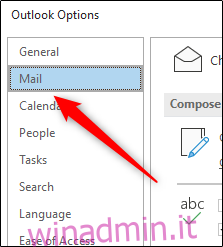 Scheda Posta nella finestra Opzioni di Outlook
