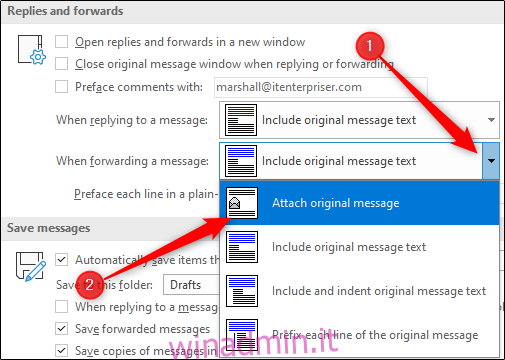 Opzione Allega messaggio originale durante l'inoltro di e-mail