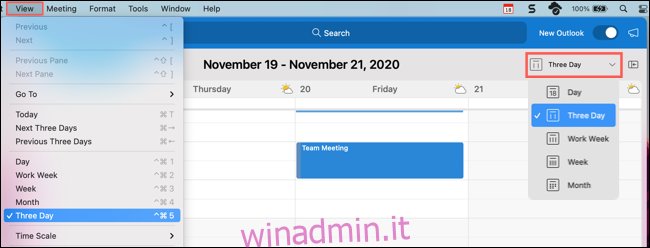 Fare clic su Visualizza o sul menu a discesa e selezionare Tre giorni