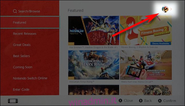 Nell'eShop di Nintendo Switch, tocca l'icona del tuo account per accedere alle informazioni sull'account.