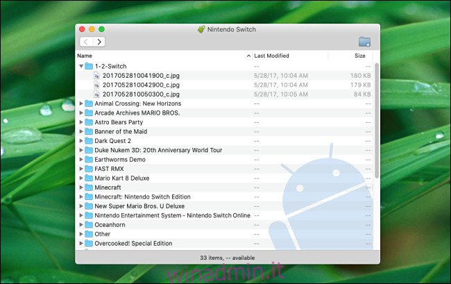 Un elenco di schermate e video di Switch ordinati per cartella come visto da Android File Transfer su Mac.