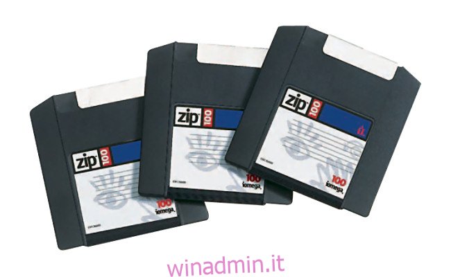 Tre dischi Zip Iomega da 100 MB.