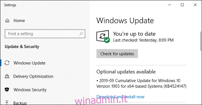 Windows Update che mostra un aggiornamento opzionale.