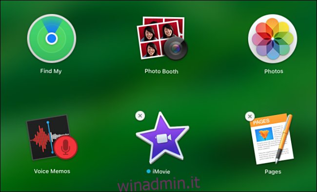 Screenshot della modalità jiggle del Launchpad in macOS Catalina
