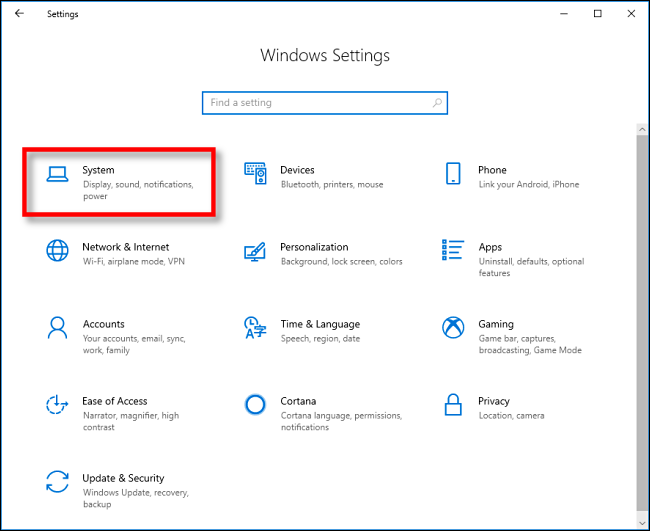 Fare clic su Sistema in Impostazioni su Windows 10