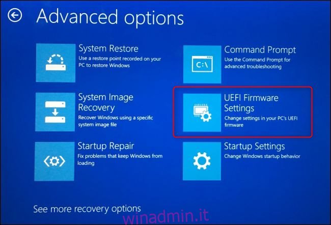 L'opzione UEFI FIrmware Settings nella schermata delle opzioni di avvio avanzate di Windows 10.