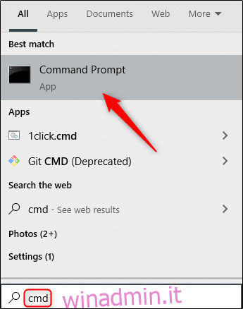 App del prompt dei comandi in Windows Search