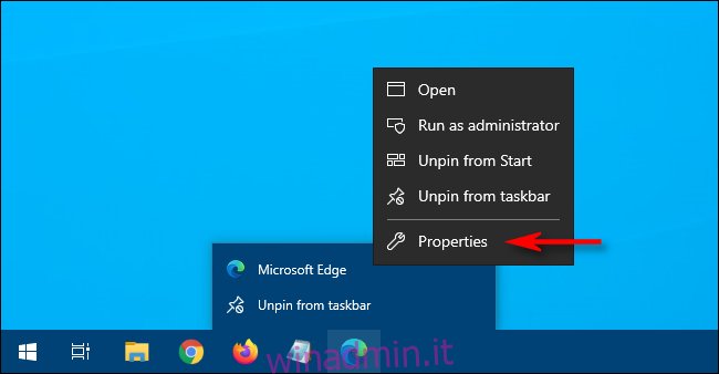 Fare clic con il tasto destro sul collegamento Edge e selezionare Proprietà su Windows 10