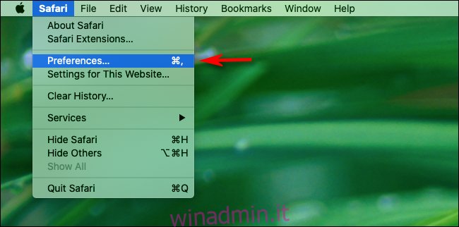 Fai clic su Preferenze nel menu Safari su Mac