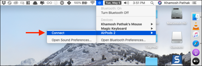 Fare clic su Connetti dal menu AirPods in Bluetooth