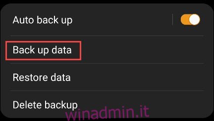 selezionare il backup dei dati