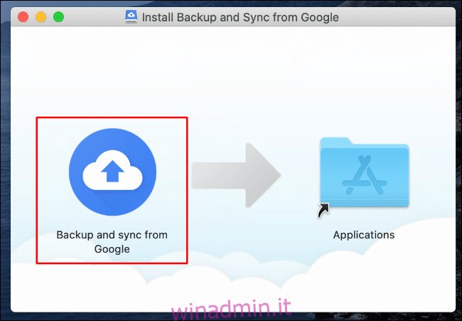 Nel programma di installazione di Backup e sincronizzazione di Google Drive per Mac, trascina l'icona Backup e sincronizzazione da Google sull'icona della cartella Applicazioni a destra