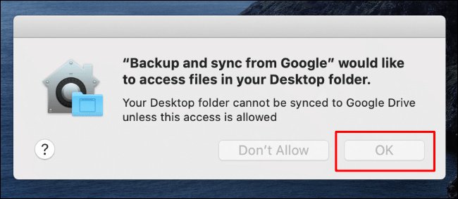 Fare clic su OK per consentire l'accesso di backup e sincronizzazione ai file desktop