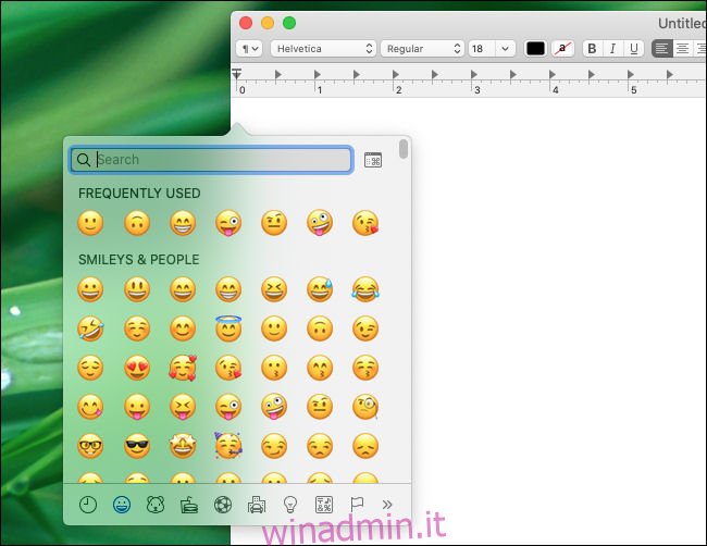 Finestra di selezione Emoji per Mac
