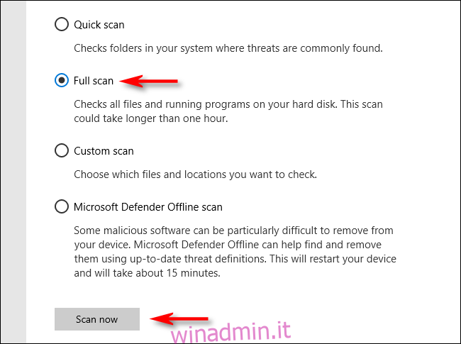 Fare clic su Scansione completa in Microsoft Defender su Windows 10