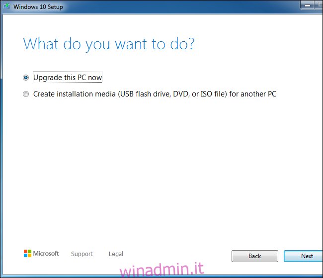 Utilizzo dello strumento di installazione di Windows 10 per aggiornare un sistema Windows 7.