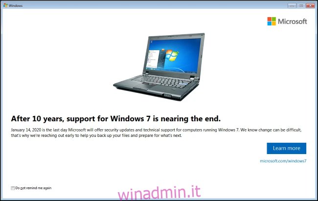Notifica di fine vita di Windows 7