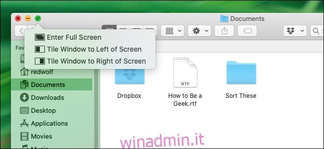 Menu speciale Split View in macOS