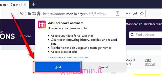 Firefox Aggiungi contenitore Facebook