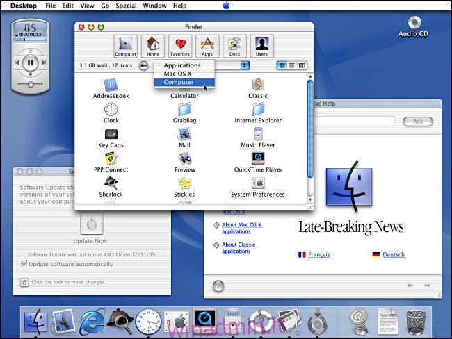 Diversi menu si aprono su un desktop Apple Mac OS X Public Beta.