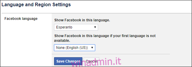 Facebook Cambia lingua