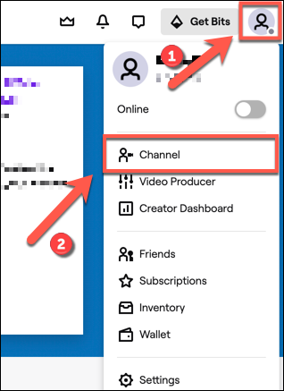 Per accedere al tuo canale Twitch, tocca l'icona del canale in alto a destra.  Dal menu a discesa, fare clic su 