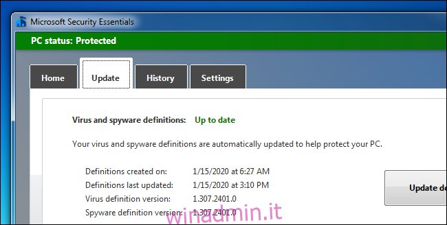 Microsoft Security Essentials continua a ricevere gli aggiornamenti delle definizioni su Windows 7.