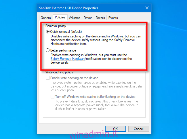 Verifica dei criteri di rimozione dell'unità USB in Gestione dispositivi in ​​Windows 10