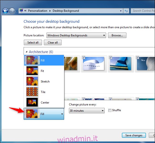 Selezione delle opzioni dello sfondo su Windows 7.