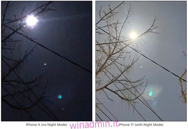 Due immagini della luna, una scattata su un iPhone 10 e l'altra scattata in modalità notturna su un iPhone 11.