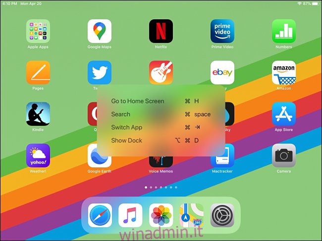 Pop-up di scelta rapida da tastiera per i comandi della schermata Home su iPad