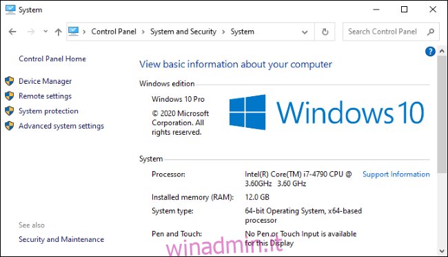 La schermata di sistema nel pannello di controllo di Windows 10.