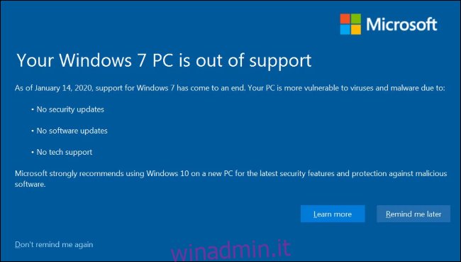 PC Windows 7 fuori supporto messaggio da Microsoft.