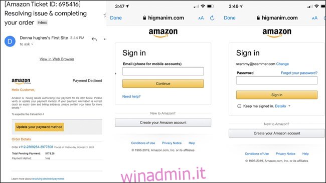 Email di spam di Amazon e screenshot di accesso