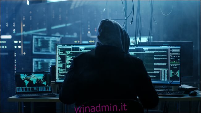 Un oscuro hacker in felpa con cappuccio seduto davanti a un computer.
