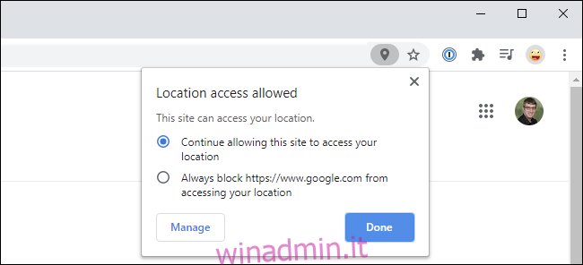 Pop-up di Google Chrome che mostra l'accesso alla posizione consentito su un sito web.