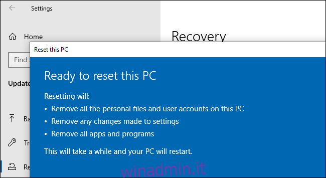 Ripristino di un PC dall'app Impostazioni di Windows 10.