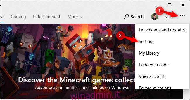 Apertura della schermata delle impostazioni di Microsoft Store su Windows 10.