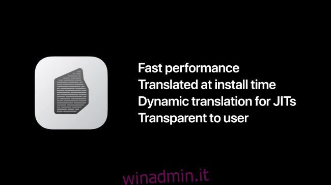 Una diapositiva di Apple che mostra le varie funzionalità di Rosetta 2.