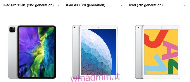 Un iPad, iPad Air e iPad Pro da 11 pollici, confronto fianco a fianco.