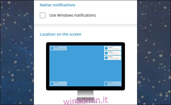 Opzioni di notifica di Telegram per Windows.