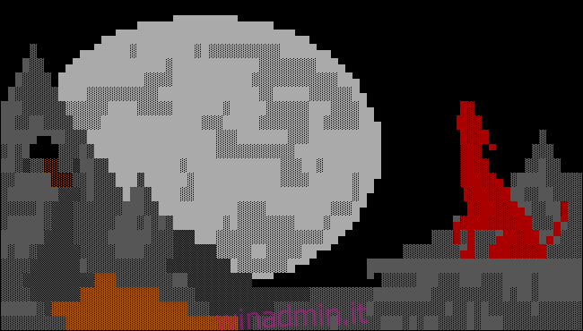 ANSI arte dalla grotta BBS di un lupo rosso che ulula alla luna.