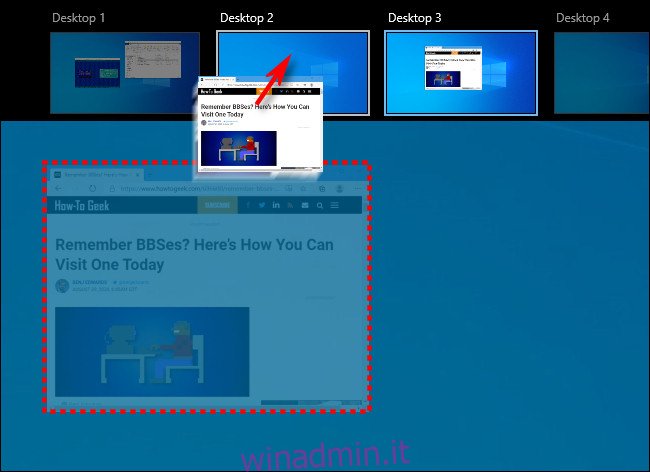 Trascinamento e rilascio di una finestra da un desktop virtuale a un altro su Windows 10.