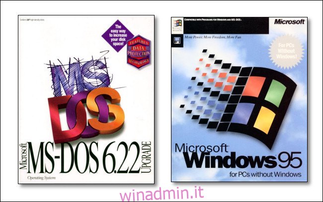 La box art su Microsoft MS-DOS 6.22 e Windows 95.