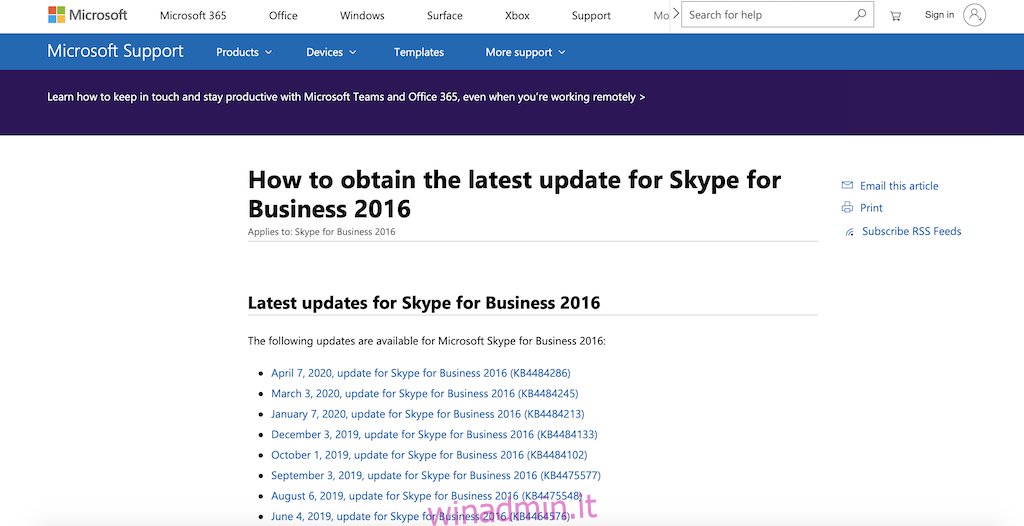 Pagina di aggiornamento di Skype for Business